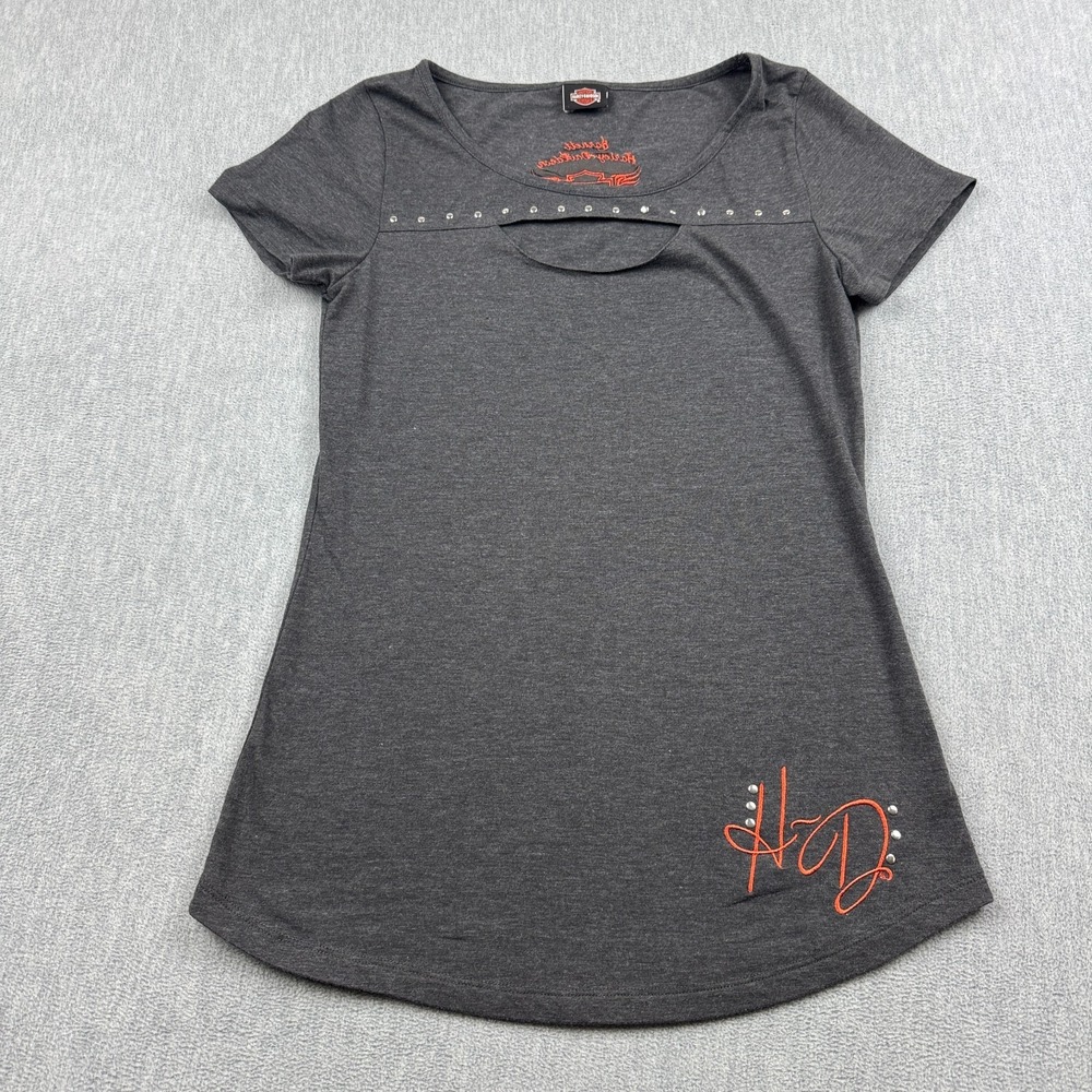 Vintage Harley Davidson Shirt Women XS Gray Peep Chest Studded Motorcycle Y2K